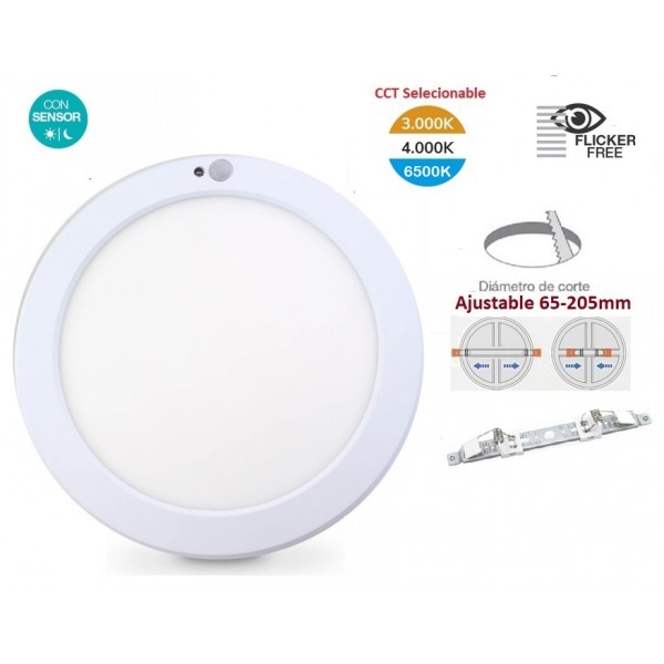 Downlight panel LED Redondo 230mm 18W, 15W ó 10W CCT seleccionable, Corte ajustable con sensor de movimiento y crepuscular
